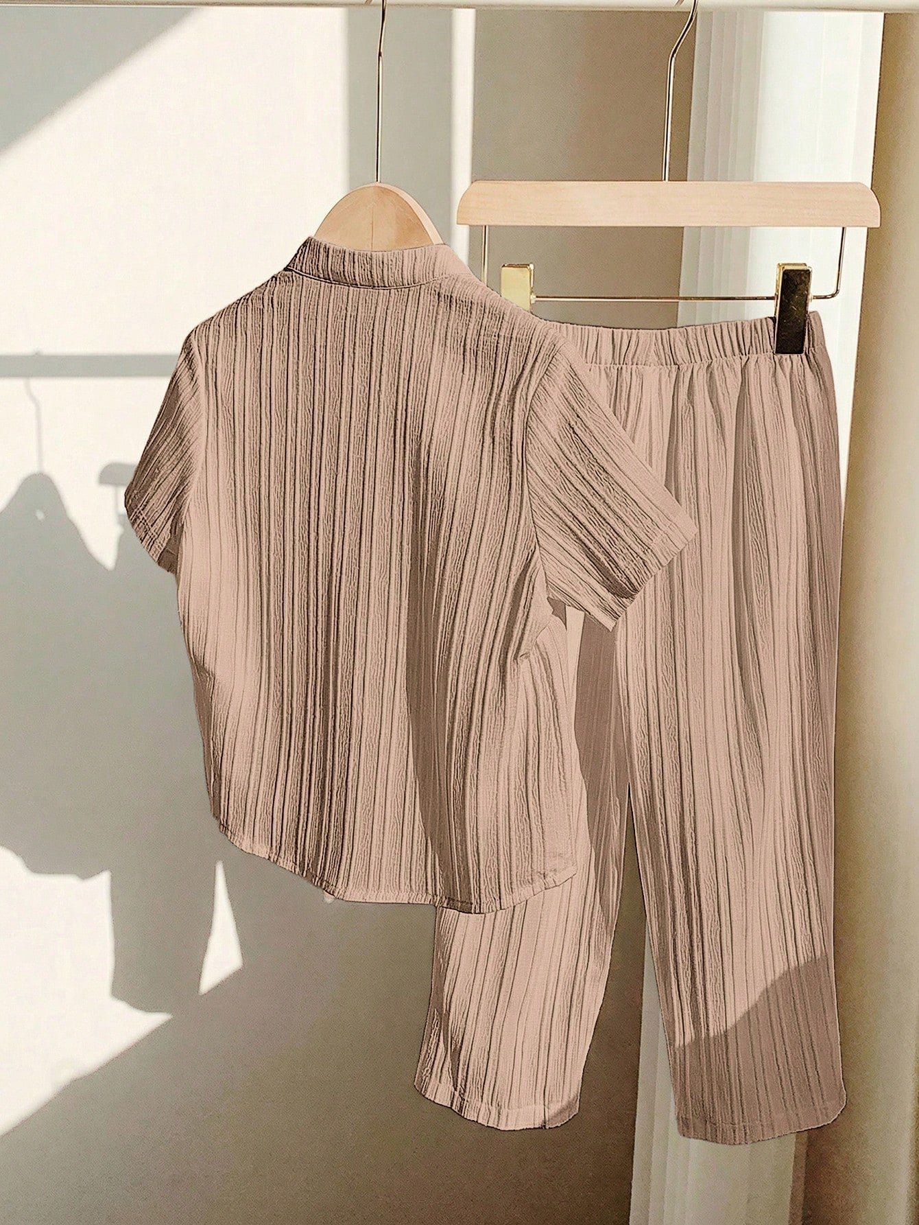 Little Boys Textured Muslin Stand Collar Shirt & Trousers - Greige