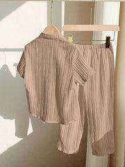 Little Boys Textured Muslin Stand Collar Shirt & Trousers - Greige