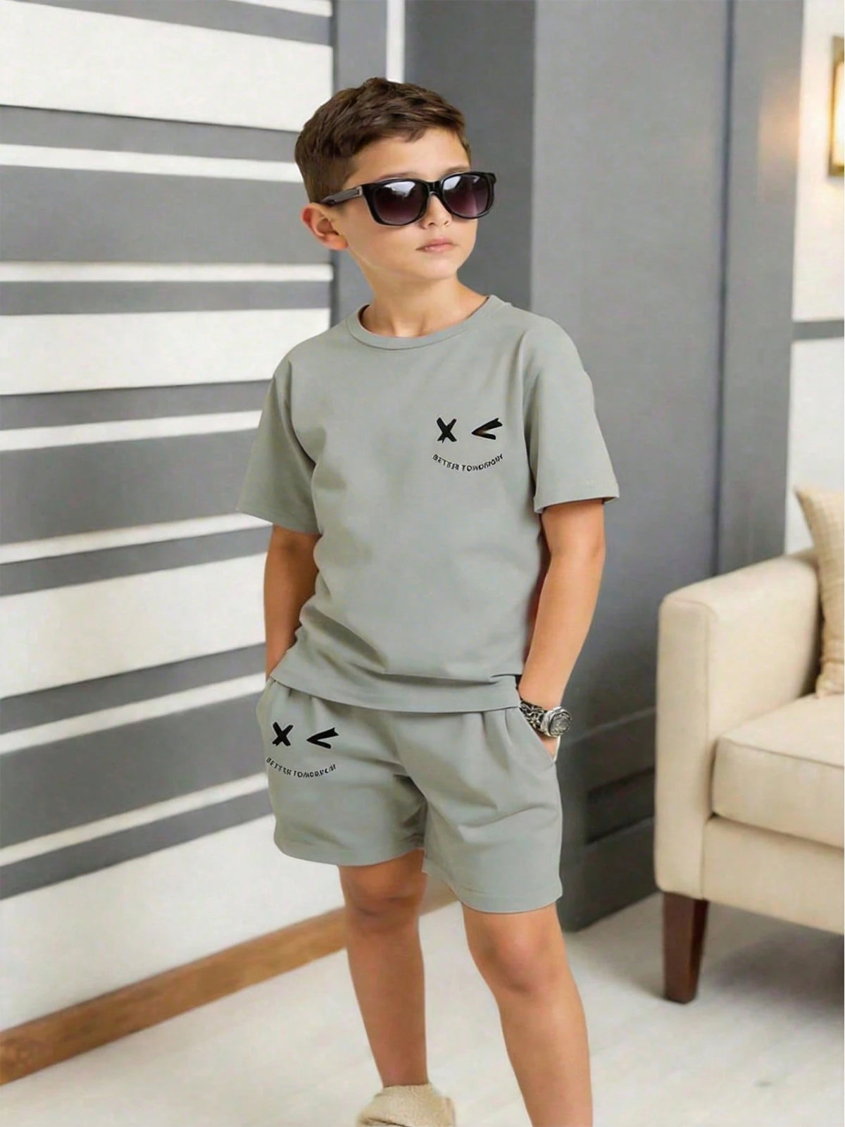 2pcs Boys Graphic Print Tee & Shorts Set - Sage | 21 Century Kids