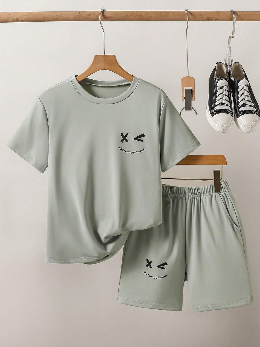 2pcs Boys Graphic Print Tee & Shorts Set - Sage | 21 Century Kids