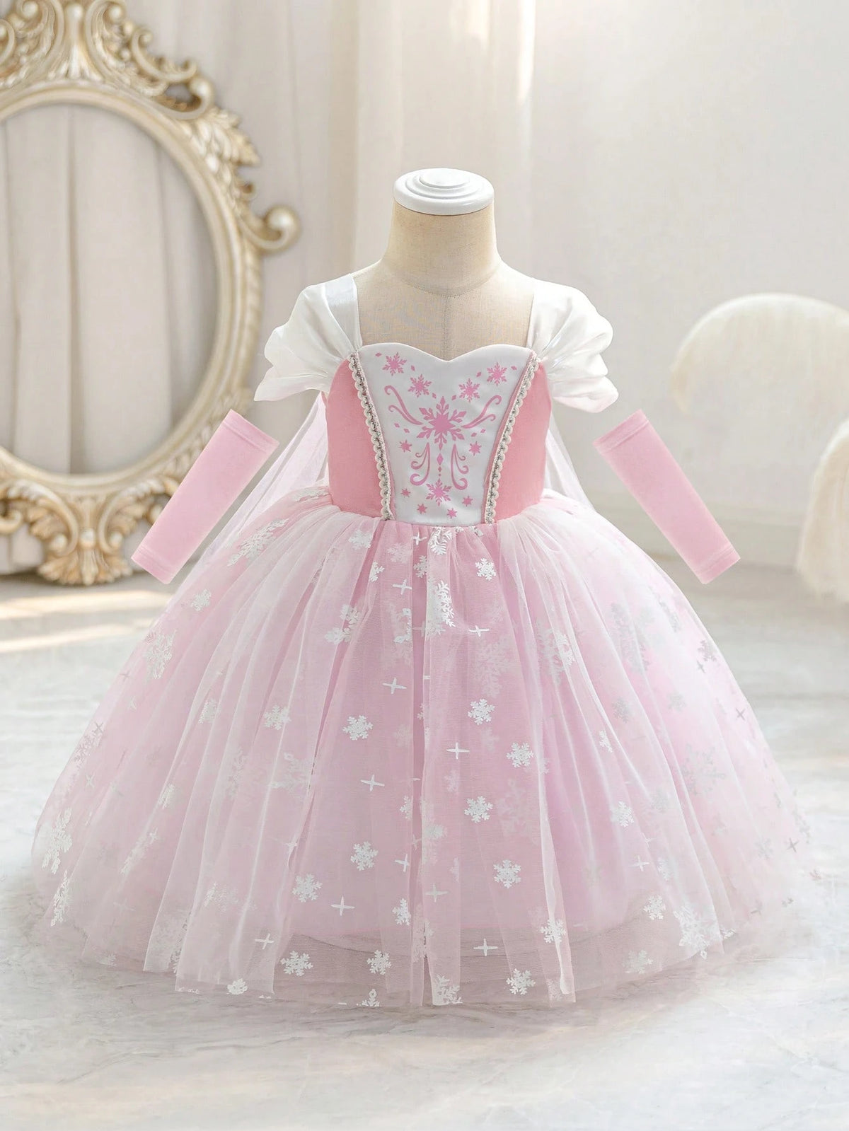 Girls Snowflake Print Tulle Ball Gown Princess Dress - Blush | 21 C...