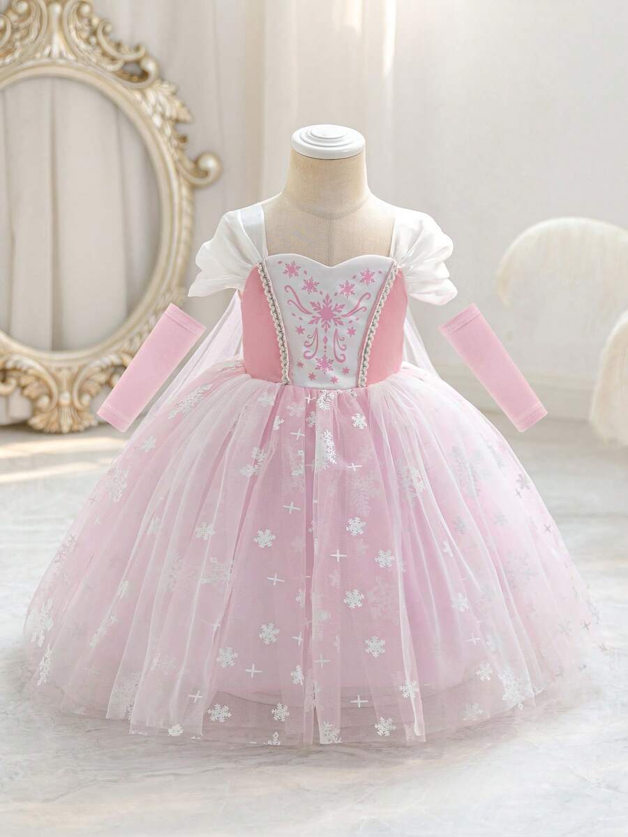 Girls Snowflake Print Tulle Ball Gown Princess Dress - Blush | 21 C...
