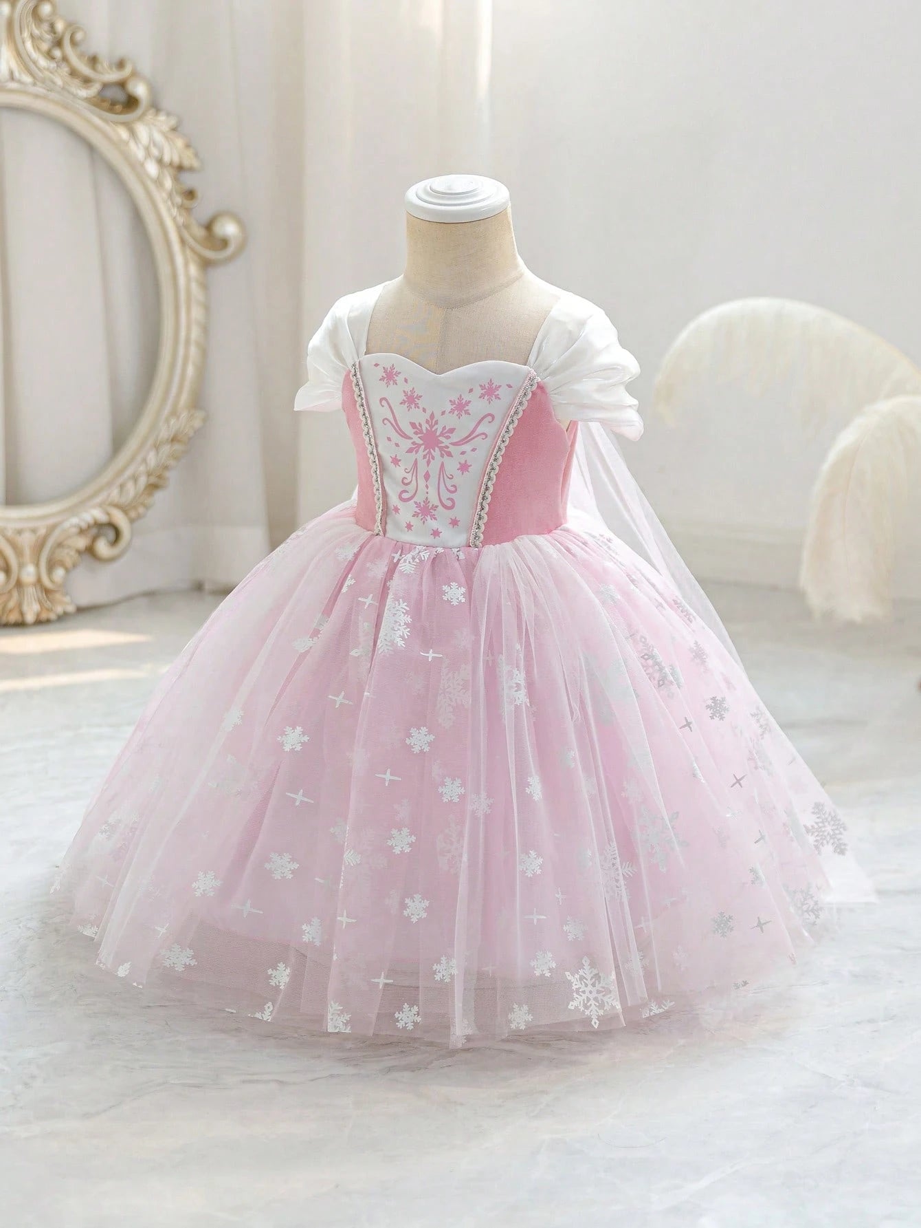 Girls Snowflake Print Tulle Ball Gown Princess Dress - Blush | 21 C...