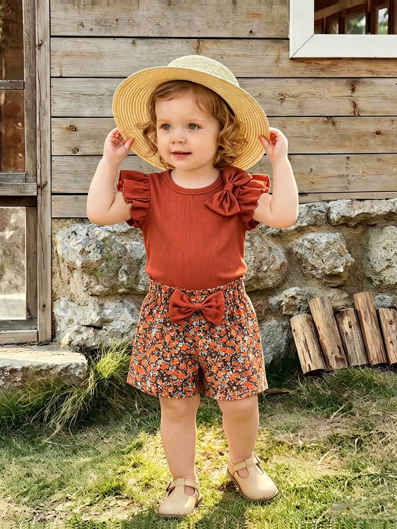 2pcs Girls Bow Ruffle Ribbed Top & Floral Shorts Set - Terracotta |...