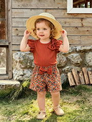 2pcs Girls Bow Ruffle Ribbed Top & Floral Shorts Set - Terracotta |...