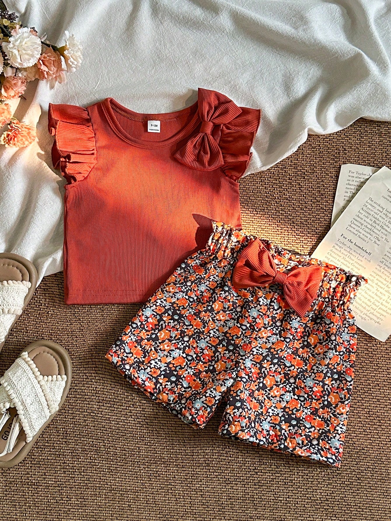 2pcs Girls Bow Ruffle Ribbed Top & Floral Shorts Set - Terracotta |...