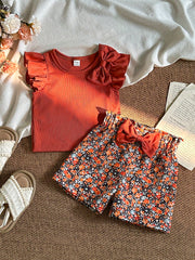 2pcs Girls Bow Ruffle Ribbed Top & Floral Shorts Set - Terracotta |...