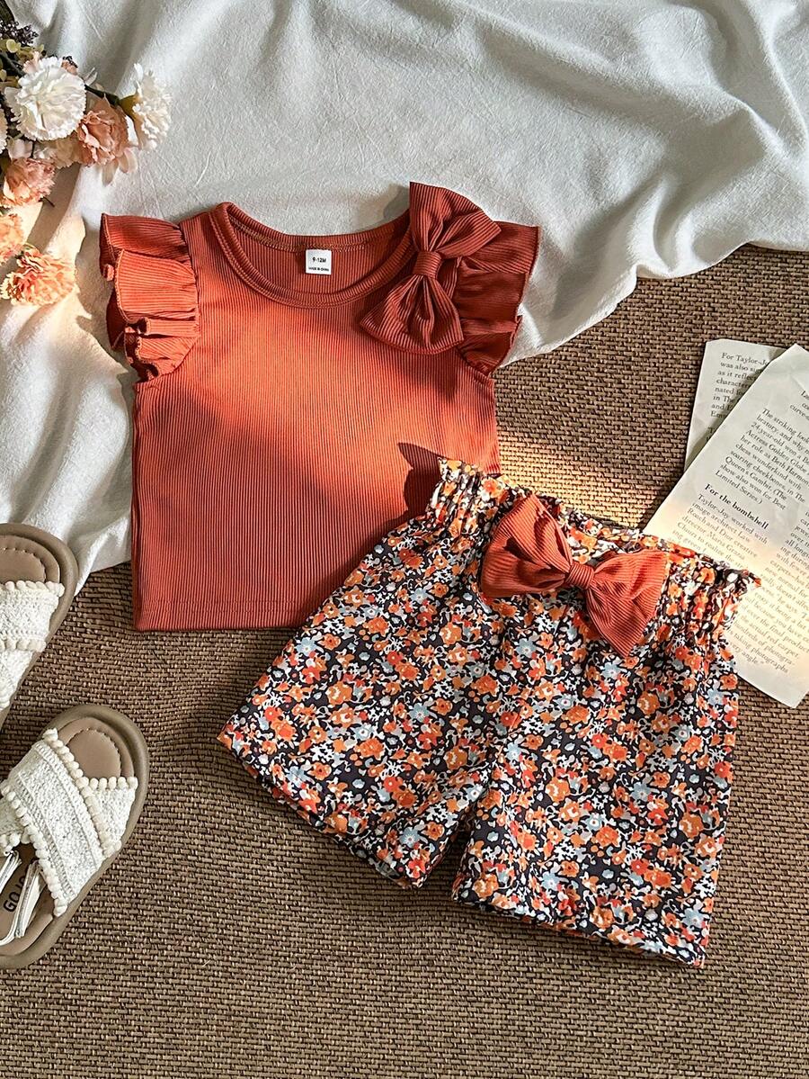 2pcs Girls Bow Ruffle Ribbed Top & Floral Shorts Set - Terracotta |...
