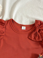 2pcs Girls Bow Ruffle Ribbed Top & Floral Shorts Set - Terracotta |...