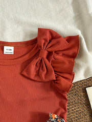 2pcs Girls Bow Ruffle Ribbed Top & Floral Shorts Set - Terracotta |...