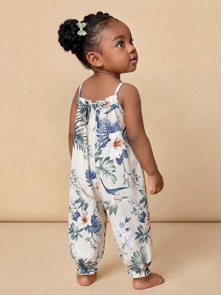 Girls Tropical Floral Spaghetti Strap Harem Jumpsuit - Ivory