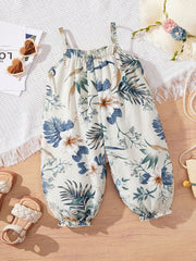 Girls Tropical Floral Spaghetti Strap Harem Jumpsuit - Ivory