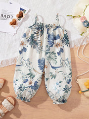 Girls Tropical Floral Spaghetti Strap Harem Jumpsuit - Ivory