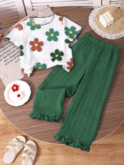 2pcs Girls Floral Print Tee & Ribbed Wide-Leg Pants Set - Ivory | 2...