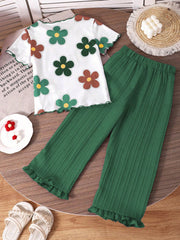 2pcs Girls Floral Print Tee & Ribbed Wide-Leg Pants Set - Ivory | 2...