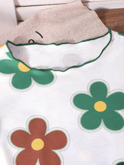 2pcs Girls Floral Print Tee & Ribbed Wide-Leg Pants Set - Ivory | 2...