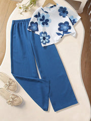 2pcs Big Girls Floral Print Tee & Wide-Leg Pants Set - Cobalt | 21 ...