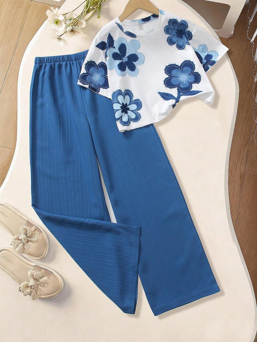 2pcs Big Girls Floral Print Tee & Wide-Leg Pants Set - Cobalt | 21 ...