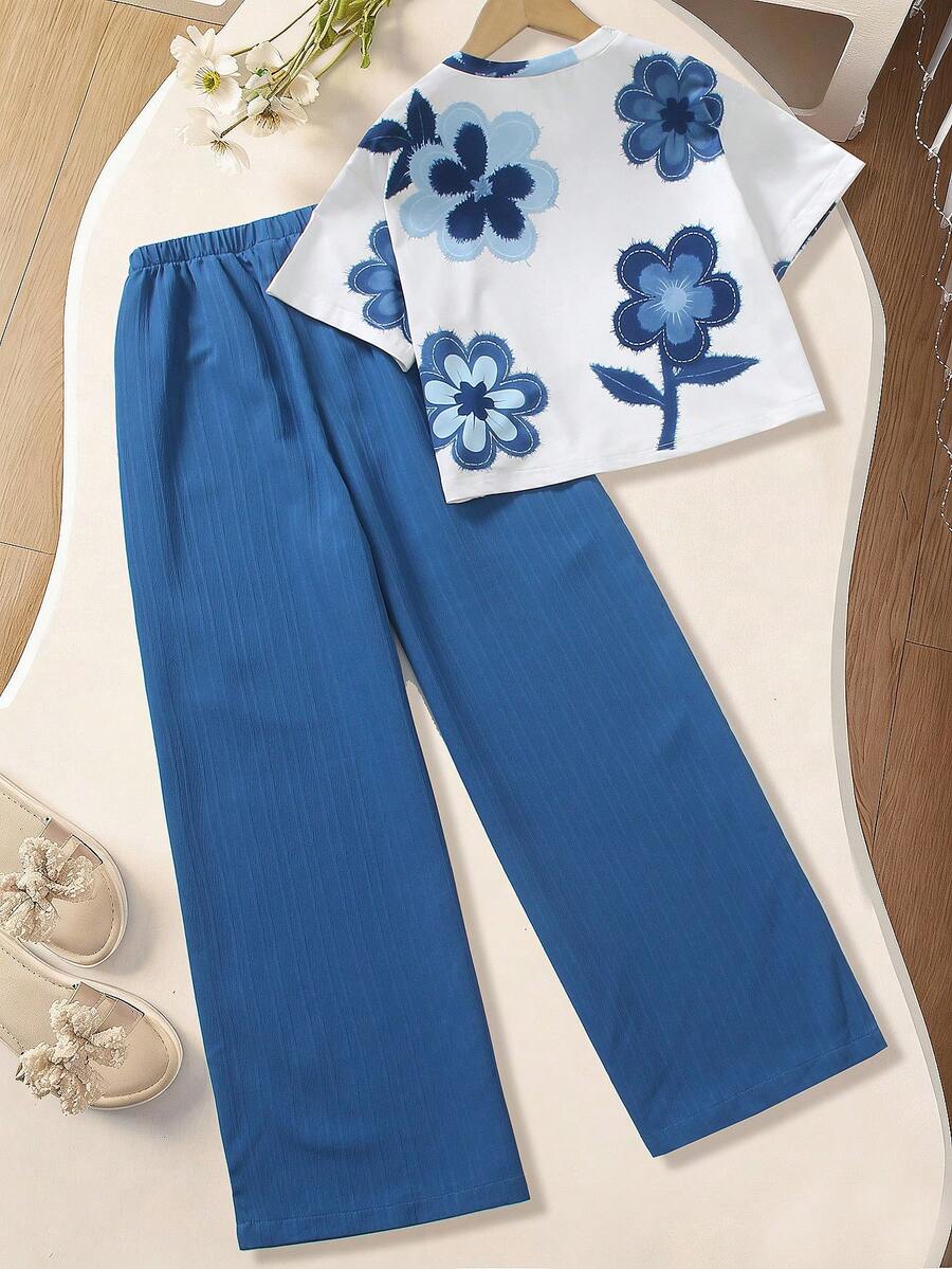 2pcs Big Girls Floral Print Tee & Wide-Leg Pants Set - Cobalt | 21 ...