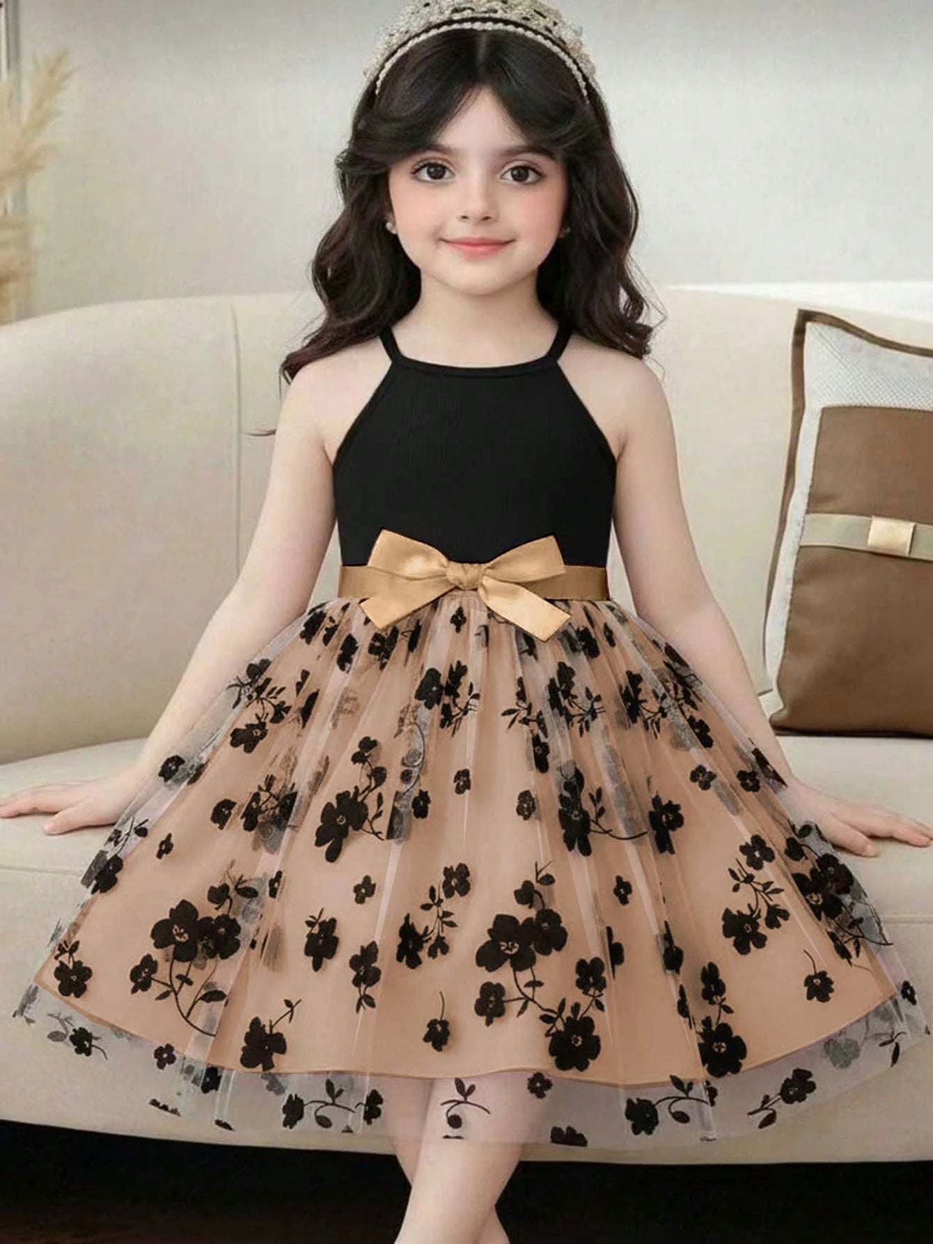 Little Girls Floral Tulle Halter Party Dress - Champagne