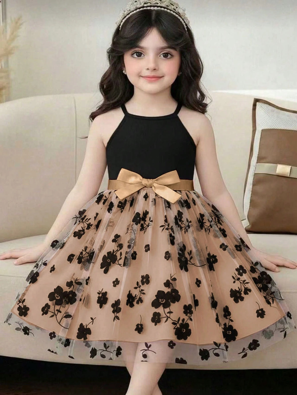 Little Girls Floral Tulle Halter Party Dress - Champagne