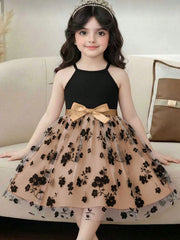 Little Girls Floral Tulle Halter Party Dress - Champagne