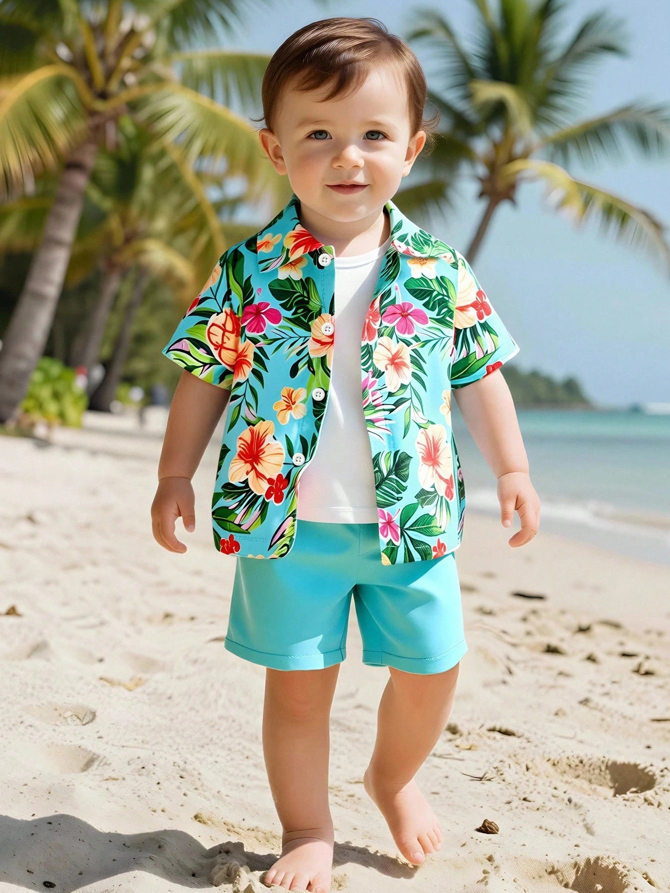 2pcs Boys Tropical Hibiscus Print Shirt & Shorts Set - Aqua | 21 Ce...