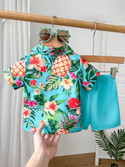 2pcs Boys Tropical Hibiscus Print Shirt & Shorts Set - Aqua | 21 Ce...