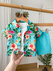 2pcs Boys Tropical Hibiscus Print Shirt & Shorts Set - Aqua | 21 Ce...