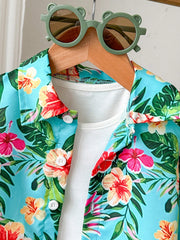 2pcs Boys Tropical Hibiscus Print Shirt & Shorts Set - Aqua | 21 Ce...