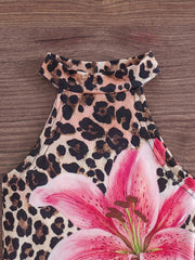 2pcs Girls Lily Print Leopard Halter Top & Flare Pants Set - Latte ...