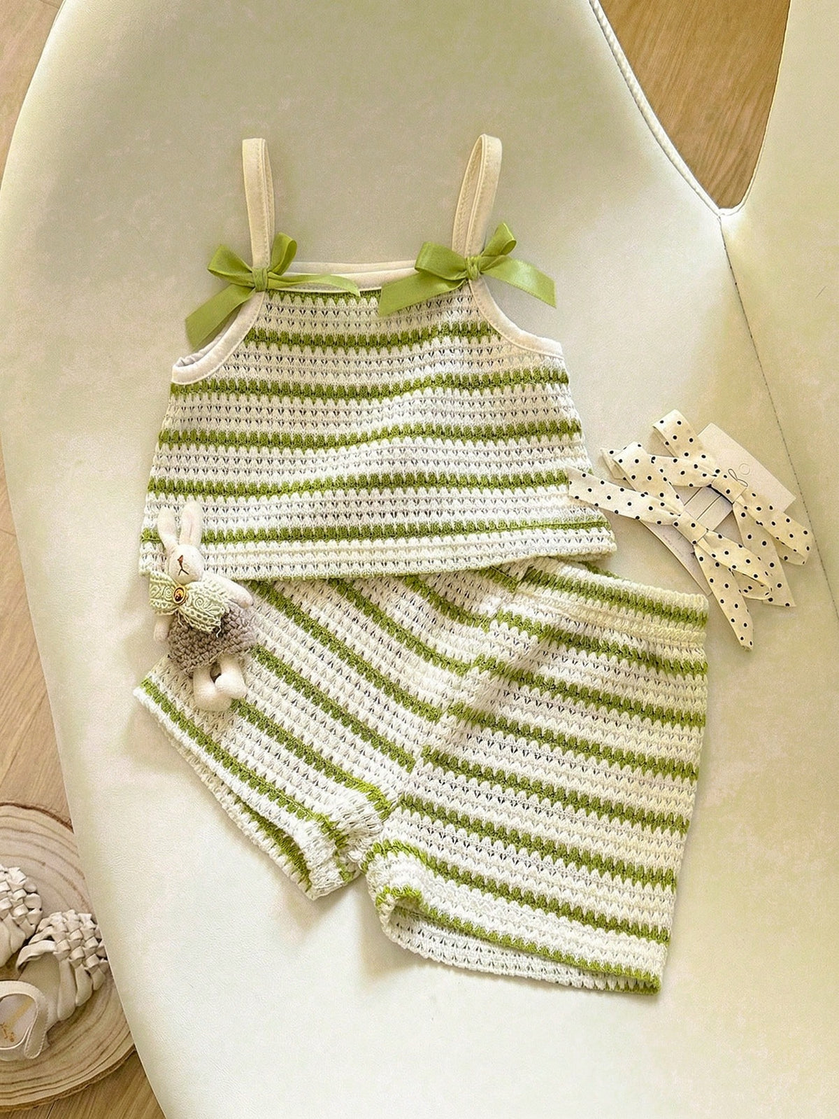Girls Striped Knit Camisole & Shorts Set - Ivory