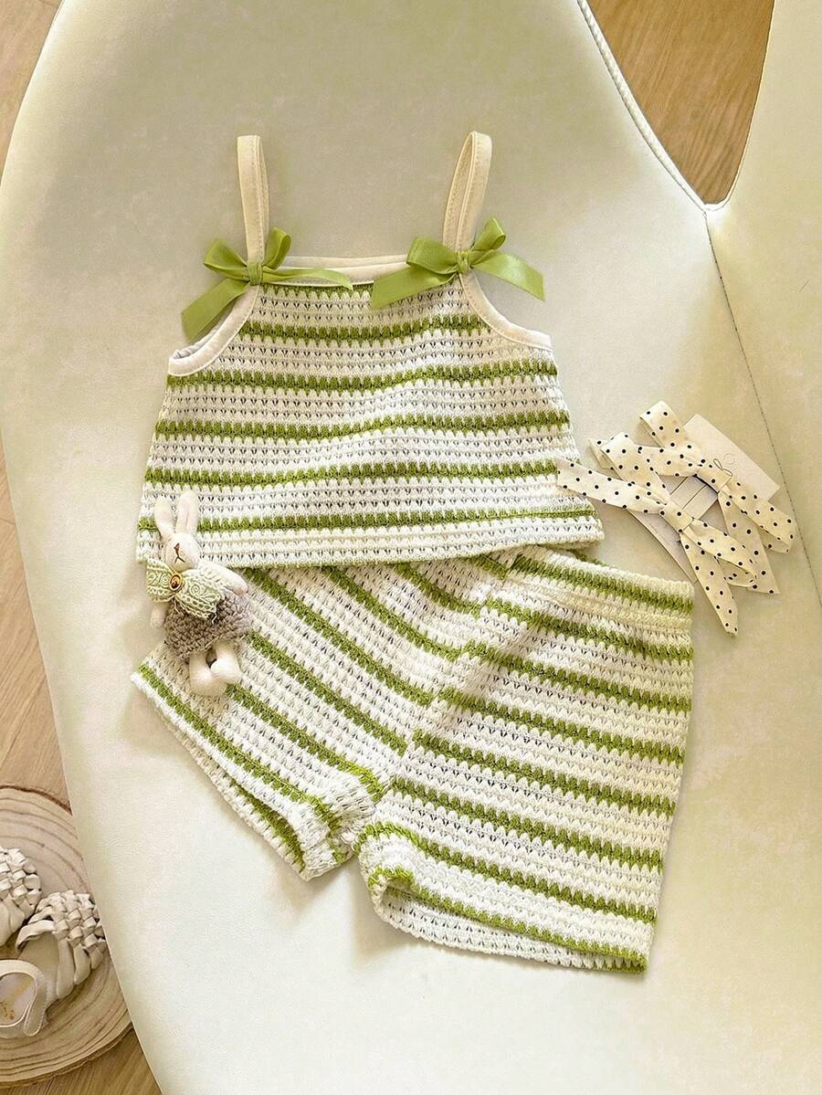 Girls Striped Knit Camisole & Shorts Set - Ivory