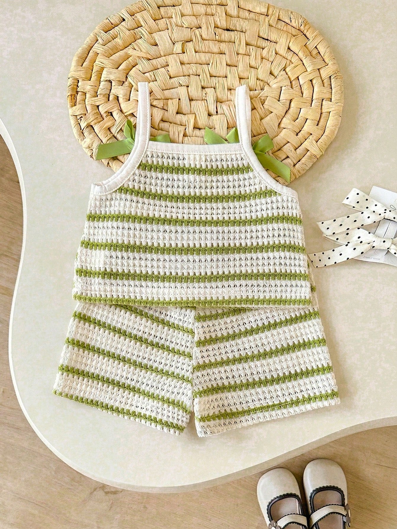 Girls Striped Knit Camisole & Shorts Set - Ivory