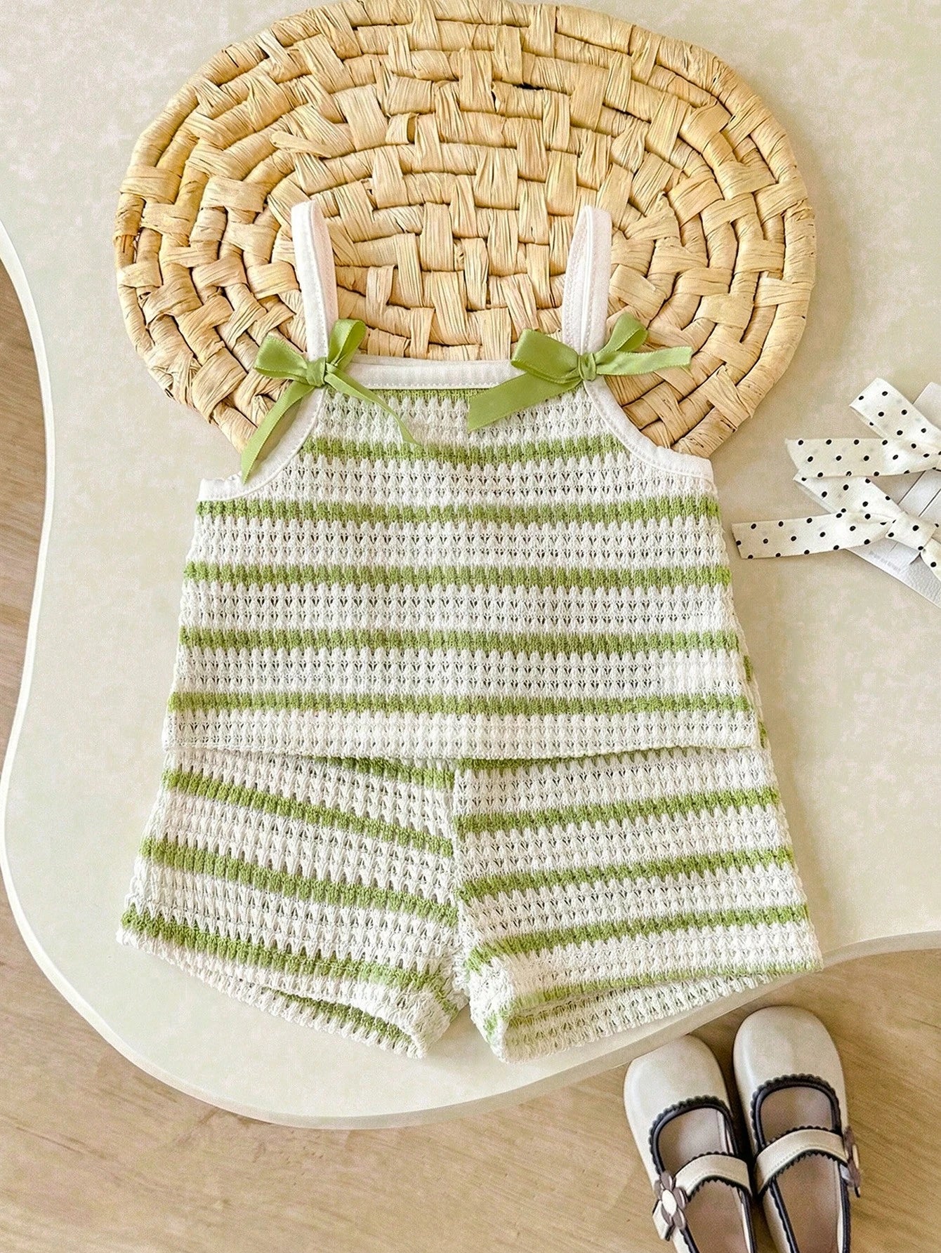 Girls Striped Knit Camisole & Shorts Set - Ivory