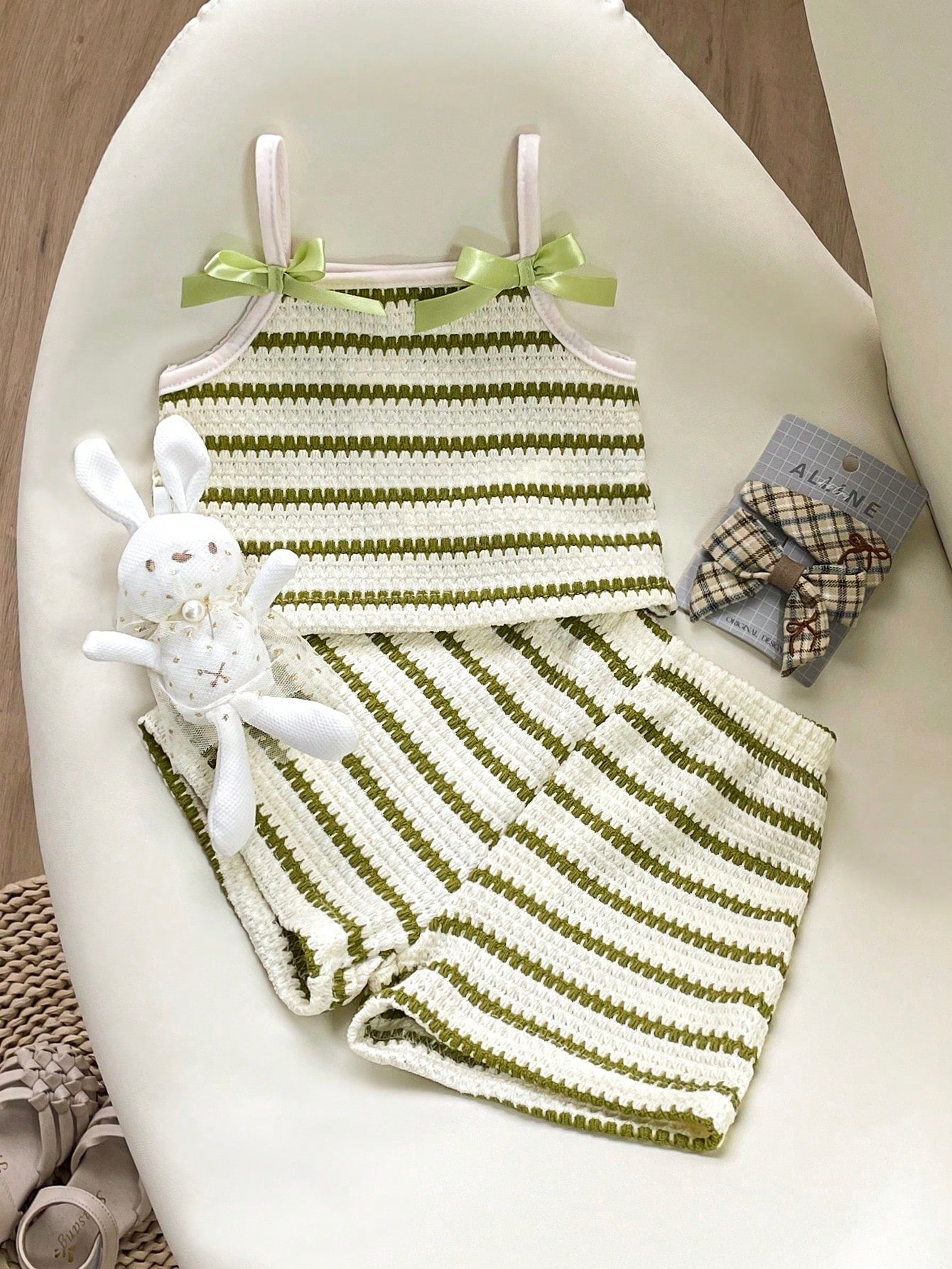 Girls Striped Knit Camisole & Shorts Set - Ivory
