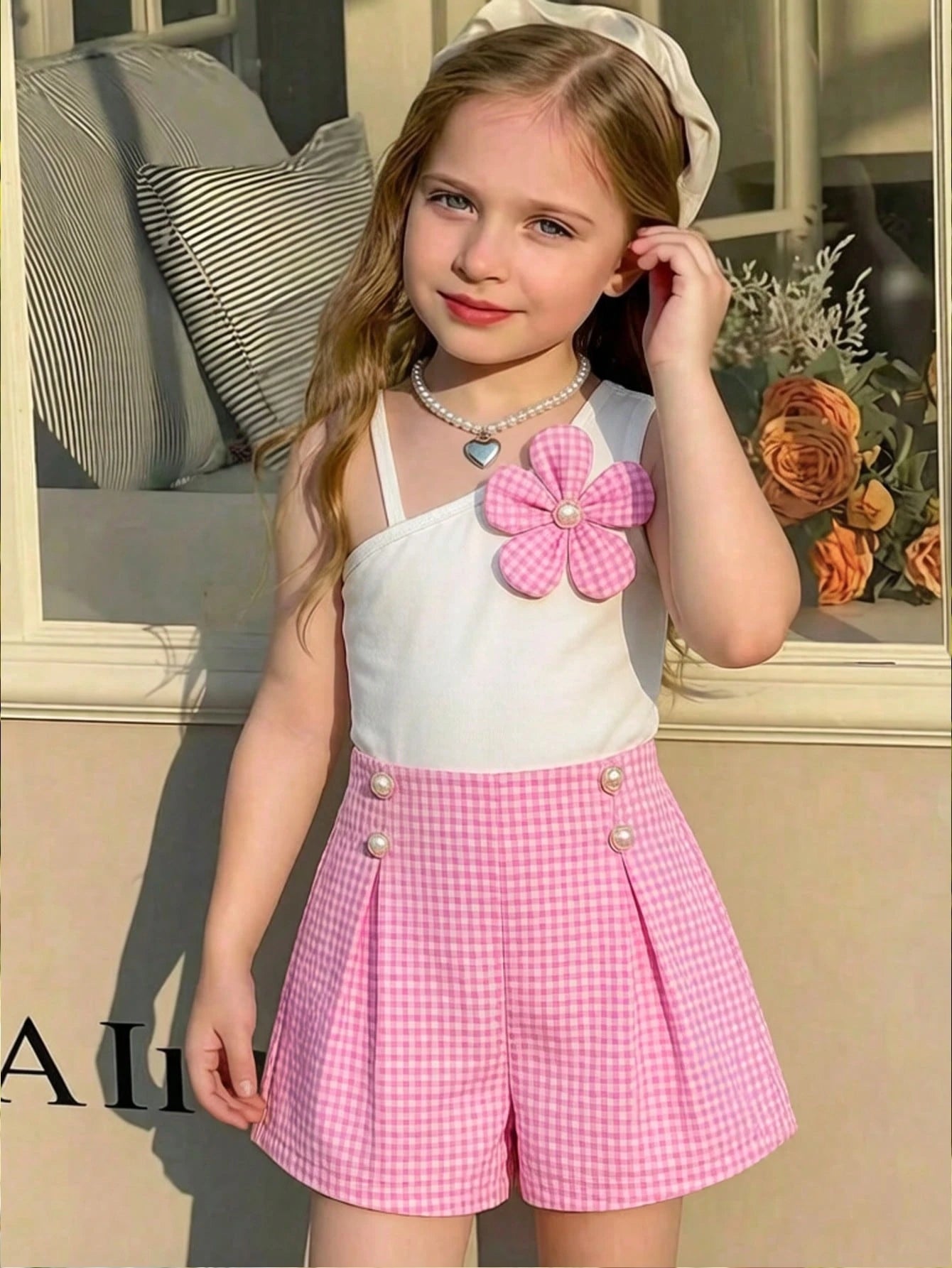 2pcs Big Girls Gingham One-Shoulder Top & Shorts Set - Peony | 21 C...
