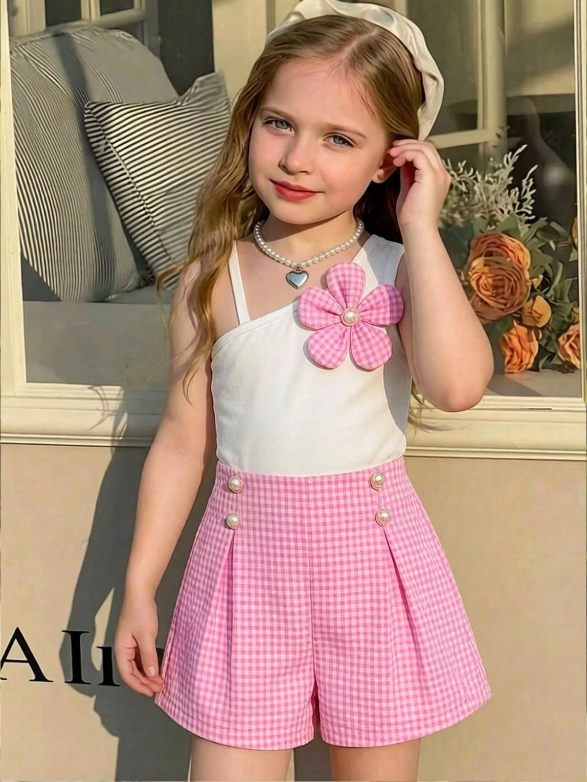 2pcs Big Girls Gingham One-Shoulder Top & Shorts Set - Peony | 21 C...