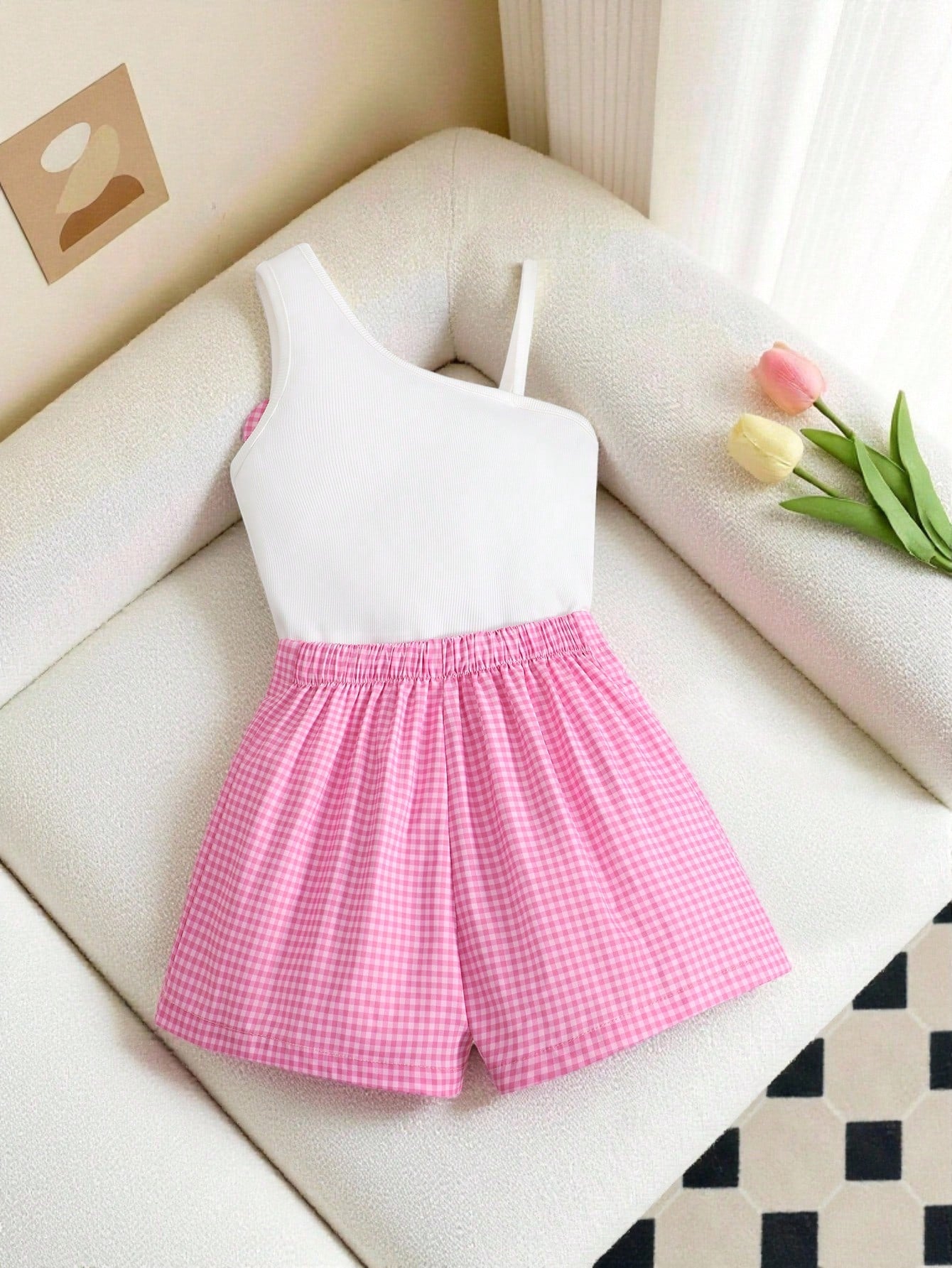 2pcs Big Girls Gingham One-Shoulder Top & Shorts Set - Peony | 21 C...
