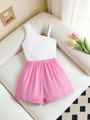 2pcs Big Girls Gingham One-Shoulder Top & Shorts Set - Peony | 21 C...