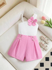 2pcs Big Girls Gingham One-Shoulder Top & Shorts Set - Peony | 21 C...