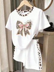 2pcs Big Girls Leopard Bow Graphic Tee & Shorts Set - Ivory | 21 Ce...