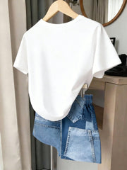 2pcs Big Girls Patchwork Heart Print Tee & Denim Shorts Set - Ivory...