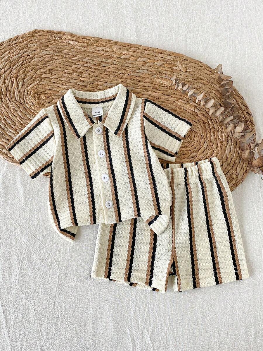 2pcs Baby Boys Waffle Knit Polo Shirt & Shorts Set - Ecru | 21 Cent...