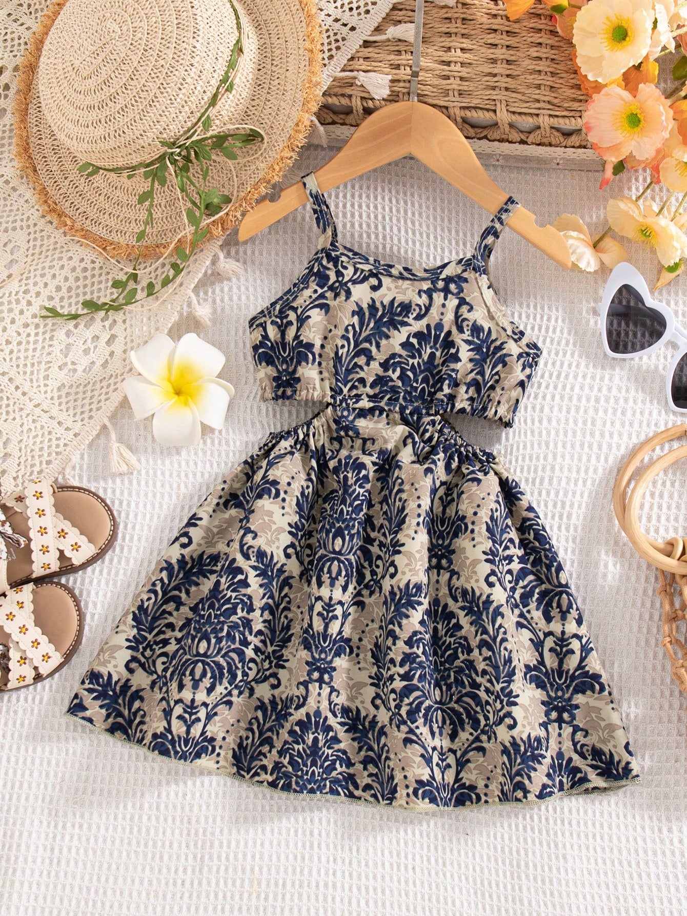 Girls Damask Print Spaghetti Strap A-Line Dress - Ecru