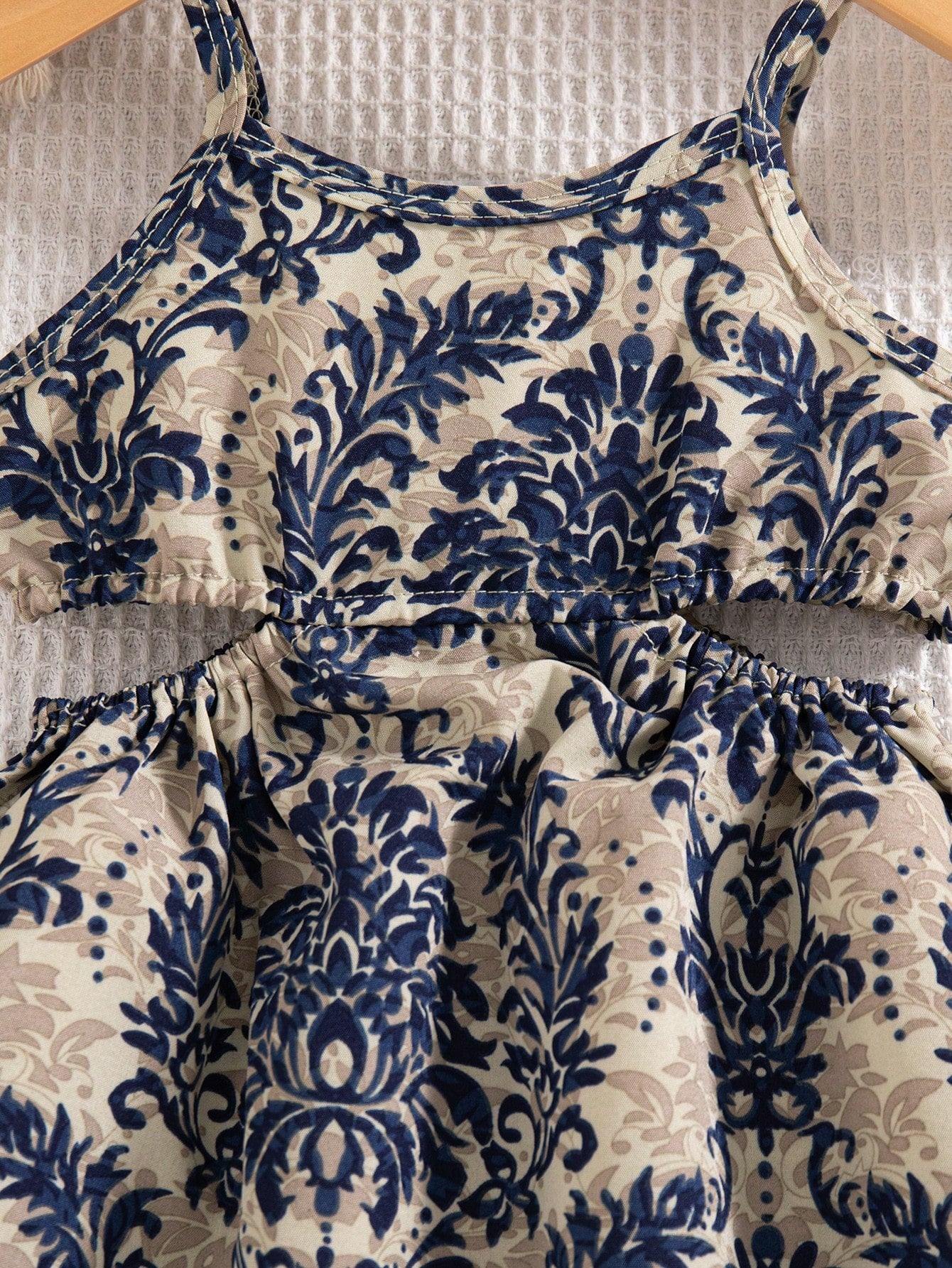 Girls Damask Print Spaghetti Strap A-Line Dress - Ecru