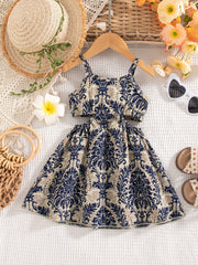 Girls Damask Print Spaghetti Strap A-Line Dress - Ecru