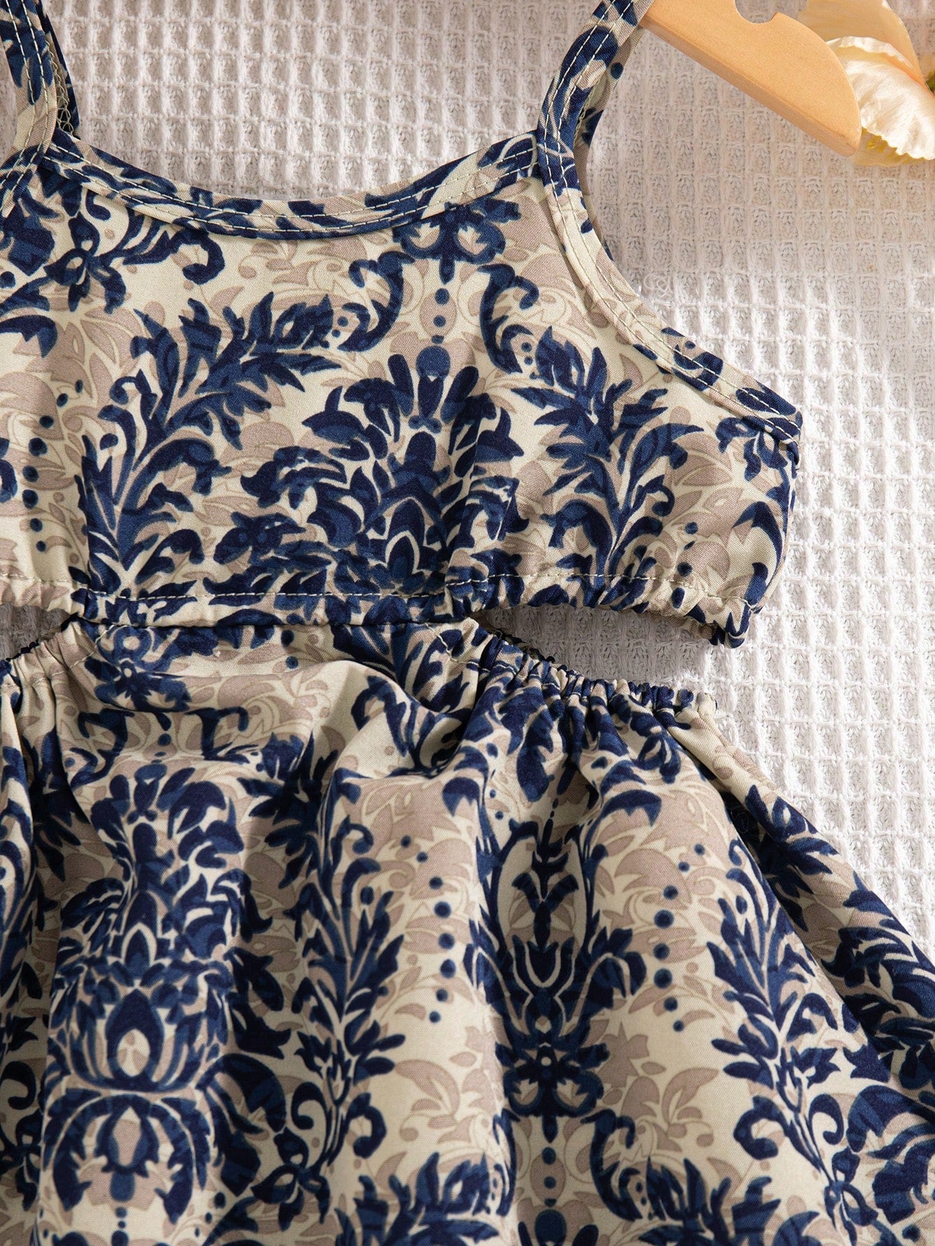 Girls Damask Print Spaghetti Strap A-Line Dress - Ecru