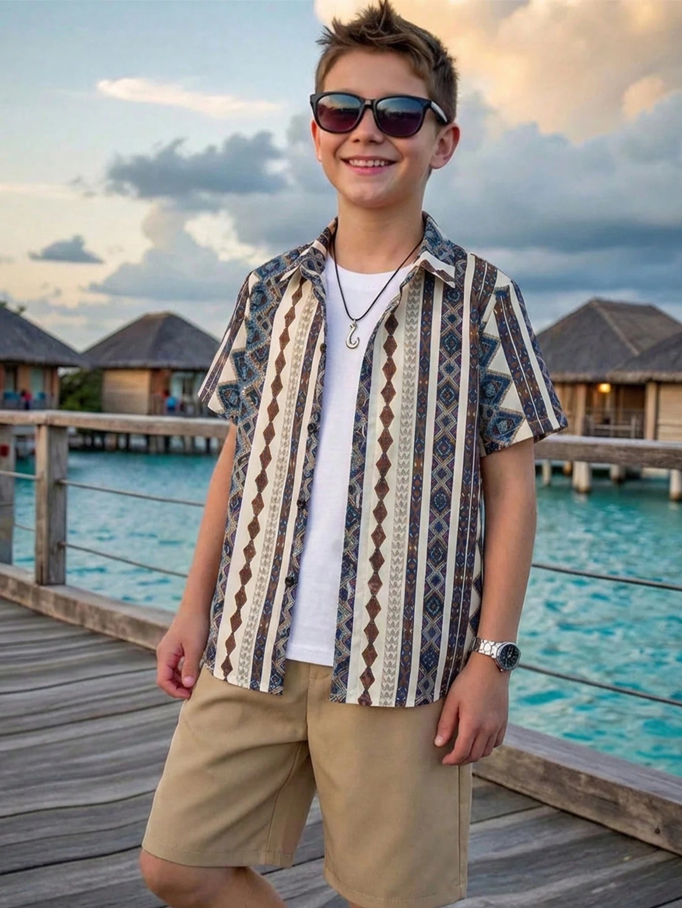 2pcs Boys Aztec Print Shirt & Chino Shorts Set - Ecru | 21 Century ...