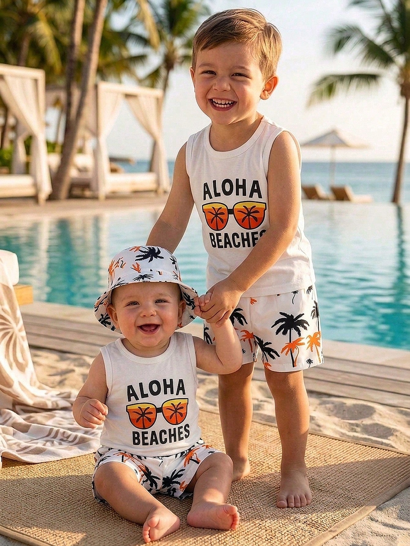 3pcs Boys Aloha Graphic Tank Top & Palm Print Shorts Set - Ivory | ...